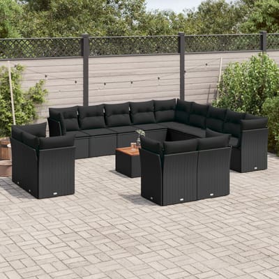 vidaXL - 14-delige - Loungeset - met - kussens - poly - rattan - zwart