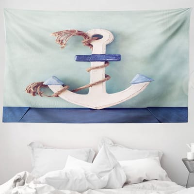 ABAKUHAUS Ankerwandtapijt, Wit Roestbruin Hout Marine Anker en Touw Motief, 230 x 140 cm, Lichtblauw