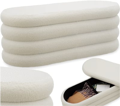 tectake® Gestoffeerde Bank met Opbergruimte - 110 x 45 x 42 cm - Stijlvolle en Praktische Poef voor Woonkamer, Hal of Slaapkamer - Scandinavisch Design - Comfort en functionaliteit in één meubelstuk - Boucle - Beige