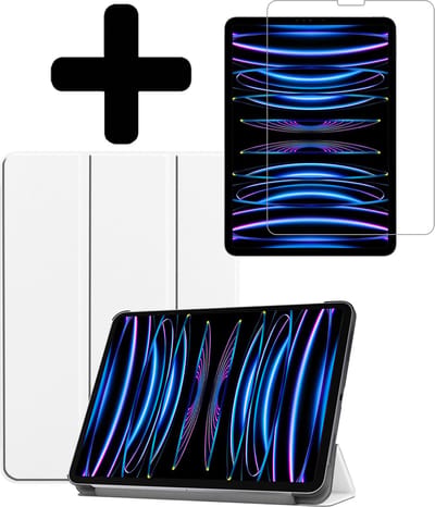 Hoes - Geschikt voor Apple iPad Pro (2022) - 11 inch - 4e generatie - Met Screenprotector - Trifold Bookcase - Hard Cover - Hardcover Book Case - Tablet Hoesje - Wit