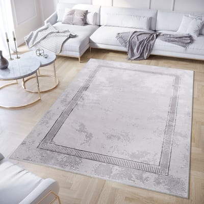 Tapiso Crystal Vloerkleed Grijs Frame Laagpolig Modern Tapijt Maat- 80x150