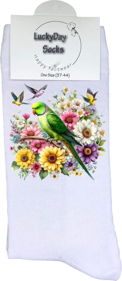 Parkiet - Opkikker - Grappige sokken - Valentijns cadeau - Verjaardag cadeau - Sinterklaas cadeau - Leuke sokken - Vrolijke sokken - Vogel - Groen - Bloemen - Kerst Sokken - Vaderdag - Moederdag - Kerstcadeau - Kunst - Socks maken Happy - 37-44
