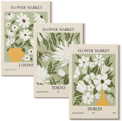 Wallfluent Set van canvas schilderijen - Bloemenposterontwerpen Londen Tokio Dublin Canvas Schilderijen Set - set 3 stuks 20x30 cm - Groente Set van Canvas Prints - Natuur Canvas Kunst Set - Boheemse Canvas Kunst Set
