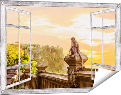 Gards Tuinposter Doorkijk Aap op de Uluwatu Tempel in Bali - 90x60 cm - Tuindoek - Tuindecoratie - Wanddecoratie buiten - Tuinschilderij