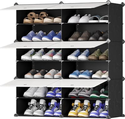 Schoenenrek - Multifunctionele Modulaire Schoenenorganizer - Verwijderbare Scheidingswand - Kunststof en Metalen Frame - Rekkensystemen en Schoenenrekken - Melkwitte Deuren - Zwarte Kast - 2X6