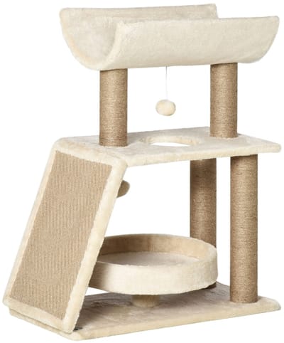 Merax Krabpaal 76 cm - Kattenboom met U-vormig Ligplatform - Kattenbed Ø34 cm - Krabmat en Sisal Krabpalen - 2 Speelballetjes - Natuurlijke Kleur - Voor Katten tot 5 kg