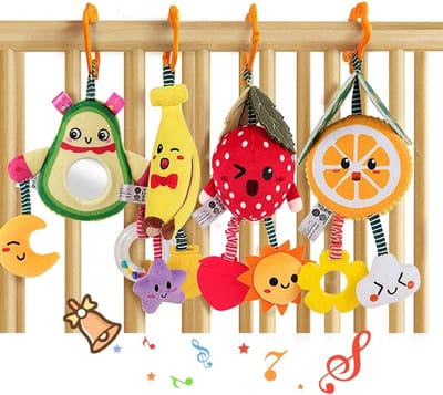Hanging Fruit Rammelaars voor Baby's - Avocado, Banaan, Sinaasappel en Aardbei - Plush Bijtringen voor 3-12 Maanden - Speelgoed voor Kinderwagens en Bedjes