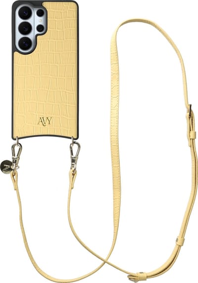 AVY Leren Hoesje Geschikt voor Samsung Galaxy S26 Ultra | Compatibel met MagSafe | Leather Case met Telefoonkoord | Crossbody | Croco Geel | Long Leather