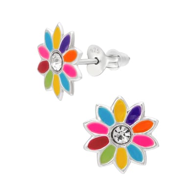 WeLoveSilver - zilveren oorstekers kind - bloem met regenboogblaadjes - 9 mm