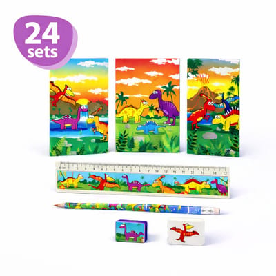 Isa's Friends® - Uitdeelcadeaus Dino Schrijfset - 24 Sets - Traktatie - 5-Delig - Uitdeelcadeautjes voor Kinderen