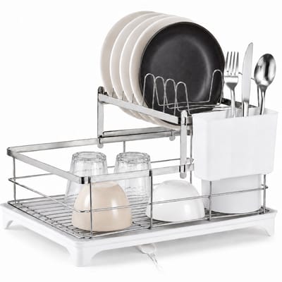 Caryota Afdruiprek - Afwasrek met Lekbak - Bordenrek - Bestekmand - Roestvrij - Verstelbare Afvoer - Compact - 40 x 28 x 29.5 cm - Extra Ruim - Zilver
