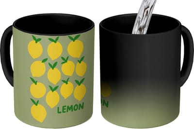 Magische Mok - Foto op Warmte Mokken - Koffiemok - Citroenen - Blaadjes - Geel - Patroon - Magic Mok - Beker - 350 ML - Theemok