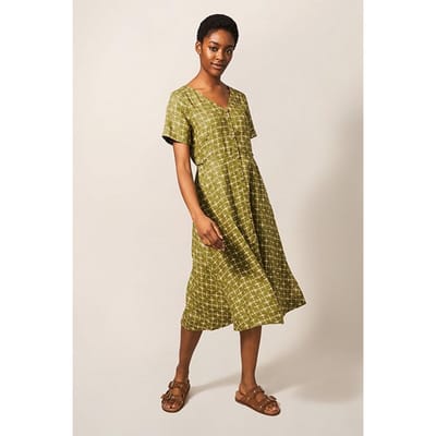 White Stuff Ivy Linen Midi Dress Green Print Größe: 24 REGULAR | Blusenkleider Outlet | Damen | Weiß