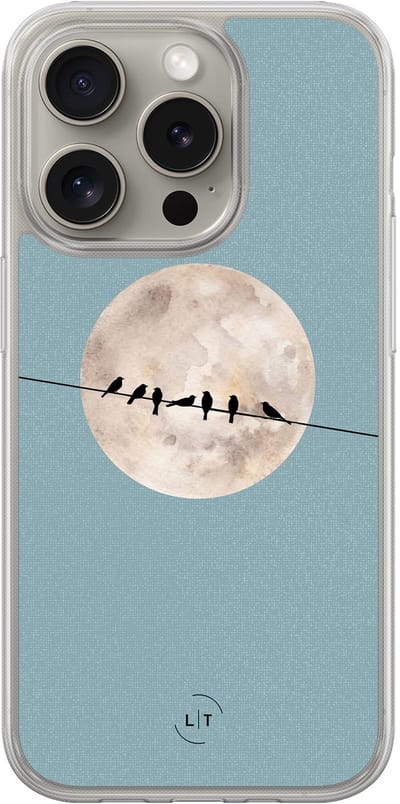 Hoesje geschikt voor iPhone 15 Pro Max - Moon birds - 2in1 backcover - Print / Illustratie - Blauw - Leuke Telefoonhoesjes