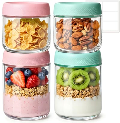 4 stuks glazen yoghurtbeker to go en mueslibeker 300ml/500ml met plastic deksel, geschikt voor kantoor school picknick, voor maaltijden, ideaal voor volwassenen en kinderen voor gezond ontbijt
