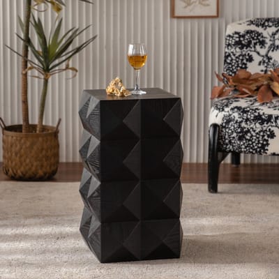 DESMIU Bijzettafel - Retro Reliëfdesign En Direct Klaar Voor Gebruik - Voor Woonkamer En Slaapkamer - Massief Hout En MDF - 60 Cm - Zwart