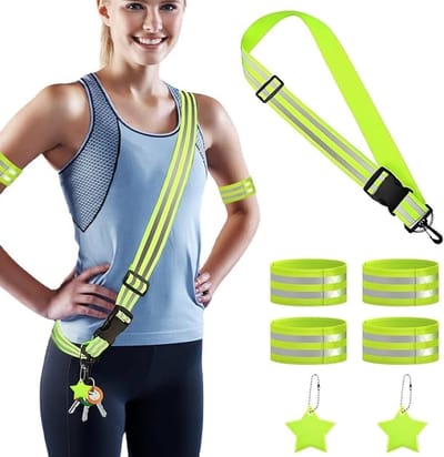 7-delige Reflecterende Kleding Set met Verstelbare Groene Schouderband, Reflecterende Armbanden en Hangers voor Veiligheid bij Wandelen, Hardlopen en Fietsen