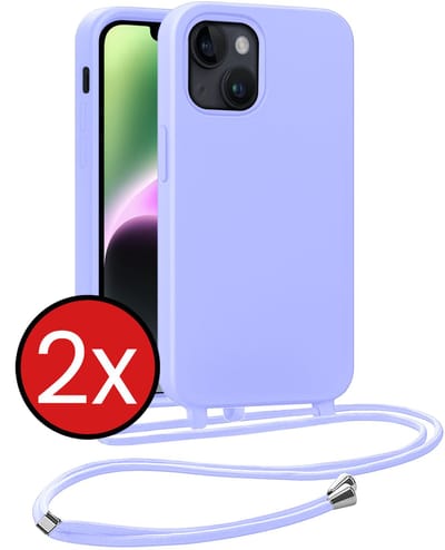 Hoesje Geschikt voor iPhone 13 Mini Hoesje Siliconen Case Met Koord - Hoes Geschikt voor iPhone 13 Mini Hoesje Backcover Met Telefoonkoord - Lila - 2 PACK