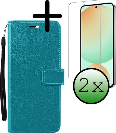 Hoesje Met 2x Screenprotector - Geschikt voor Samsung Galaxy S24 FE - Luxe Pasjeshouder - Bookcase Portemonee - Flip Case - Kunstleer Book Case - Flipcase Hoes - Book Cover - Walletcase - Portemonneehoes - Turquoise
