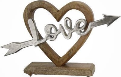 GILDE Handwerk Luxe Decoratie Hart "Love Arrow" - 28x22 cm - Natuurlijk Mangohout & Zilver Metaal - Romantisch Cadeau Huwelijk, Jubileum & Valentijnsdag - Handgemaakt Woonaccessoire Staand