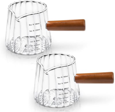kopjes 180 ml, hittebestendige glazen melkkan met houten handgreep, maatverdeling en schenktuit, ideaal voor espresso, melk, gecondenseerde melk, thee, keuken en bar