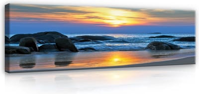 Canvas Schilderij - Landschap - Zee - Oceaan - Rotsen - Zonsondergang - Wolken - Horizon - Strand - Inclusief Frame - 45x145cm (lxb)