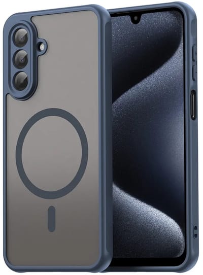 MobyDefend Hoesje - Geschikt voor Samsung Galaxy A17 - Case Geschikt voor MagSafe - Mat Transparant Met Gekleurde Rand - Blauw