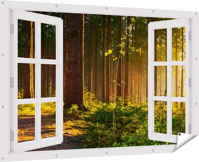 Gards Tuinposter Doorkijk Bos met Zon tussen de Bomen - 180x120 cm - Tuindoek - Tuindecoratie - Wanddecoratie buiten - Tuinschilderij