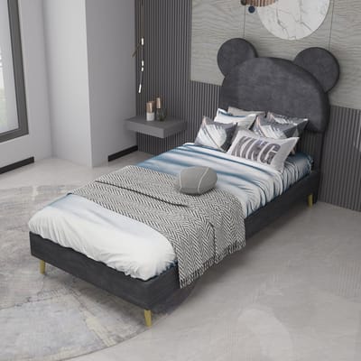 MODFU - Bedframe 90x200 cm – Met cartoon-hoofdbord & pneumatische opbergruimte – Grijs