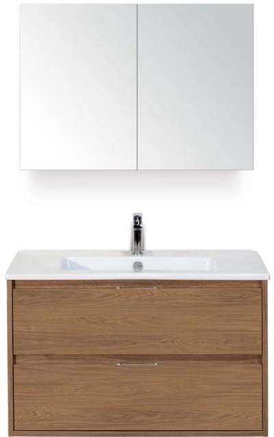 Porto Badmeubelset 90 cm - Honey - Keramische Wastafel Wit Slim met Spiegelkast