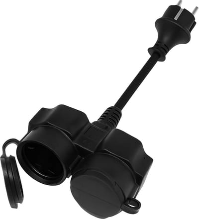 Dubbel stopcontact - Stekker adapter - Buiten gebruik - Spatwaterdicht IP44 - 30 cm verlengsnoer - Zwart