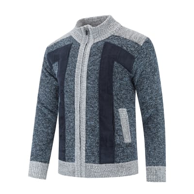 Herenvest met opstaande kraag met ritssluiting, grof gebreide, gevoerde trui voor winterblauw