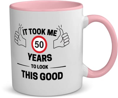 Akyol - it took me 50 years to look this good koffiemok - theemok - roze - 49+1 - mensen die 50 zijn geworden - 50 jaar sarah en abraham cadeau - jubileum man en vrouw - verjaardag - grappige tekst - jarig - verjaardag - 350 ML inhoud