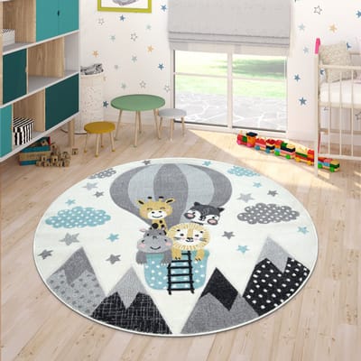 Paco Home Kinderkamer Vloerkleed Blauw Grijs Heteluchtballon Wolken Dieren 3D-Design Pastel Ø 160 cm Rund
