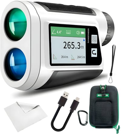 PolkaHome Digitaal golf rangefinder – golf afstandsmeter / golf range finder – golf accessoires – golfafstandsmeter 1000m met zijdisplay, hellingscompensatie, trilfunctie & spraakuitzending – USB-C oplaadbaar