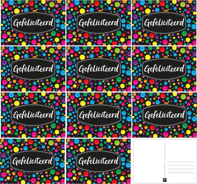 Gefeliciteerd ansichtkaart - 12x - XXL size - wenskaart - met mix kleuren emoticons - A5 formaat - karton
