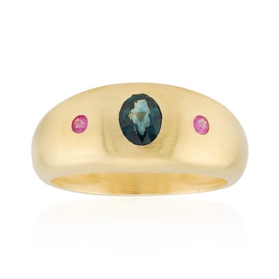Cavill - Zilveren Ring Verguld - 0,45 ct Petrolkleurige Ovale Saffier uit Australië + Roze Saffieren - Luxe Handgemaakt - Moderne Brede Band
