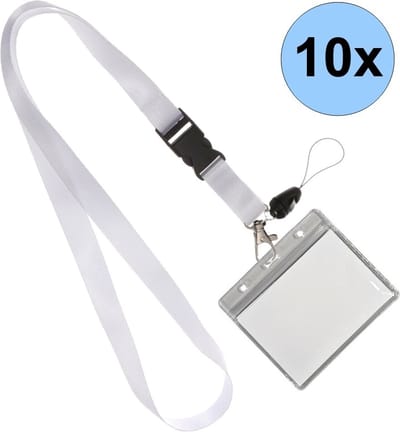 10 Witte Keycords Met Badgehouders - Keycord + Badgehouder Plastic XL - Sleutelkoord - Badgehouder - 51cm - 20mm - Wit - 10 Stuks