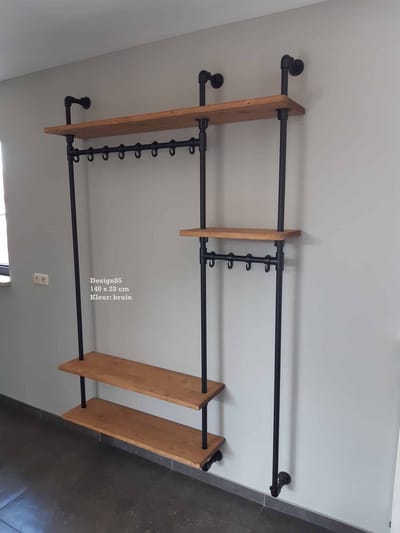 Industriële Wandkapstok 140 cm – Steigerbuis Kapstok met Plank – Hout & Zwart Staal – Design85
