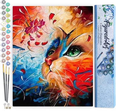Figured'Art Schilderen op Nummer Volwassenen canvas Gekleurde kat - Handwerk acrylverf Kit DIY Compleet - 40x50cm zonder frame