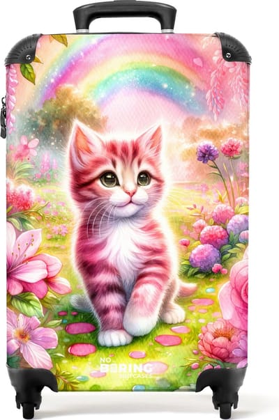 NoBoringSuitcases.com® - Kinderkoffer meisje - Kindertrolley meisjes - Roze kitten - Handbagage koffer lichtgewicht - Reiskoffer kinderen - Trolley koffertje - Rolkoffer met wieltjes - Past binnen 55x40x20 en 55x35x25
