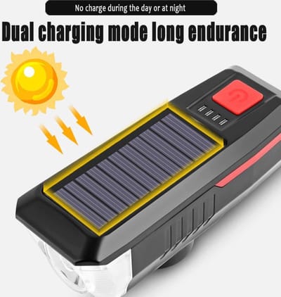 BikerVibes - Fietsverlichting USB Oplaadbaar – Voorlamp Fiets - Zaklamp - Solar – Voorlicht – LED - Waterdicht - Fietslampje - 250 Lumen - Zwart/rood