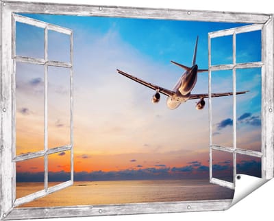 Gards Tuinposter Doorkijk Vliegtuig Boven de Zee bij Zonsondergang - 150x100 cm - Tuindoek - Tuindecoratie - Wanddecoratie buiten - Tuinschilderij
