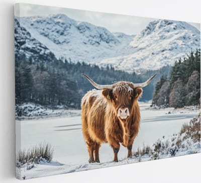 Saammp - Canvas Schilderij - Schotse Hooglander Koe in de sneeuw - Landschap - Dieren - Natuur - 30x20 - Foto op canvas - Wanddecoratie - muurdecoratie Woonkamer - Slaapkamer decoratie - Canvas Print
