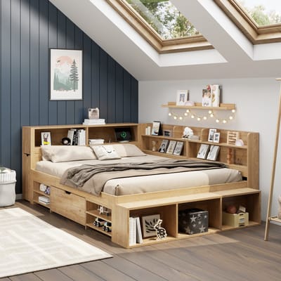 Wishdor Kinderbed 140x200 cm - Opbergruimte, nachtkastje, lade & kast - Naturel - Creëer een opgeruimde tienerstudio in één meubel