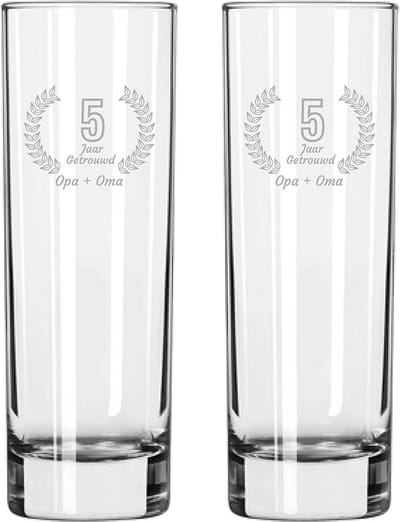 Gegraveerde set Longdrinkglazen 22cl Opa + Oma 5 jaar getrouwd