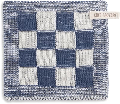 Knit Factory Gebreide Pannenlap Block - Pannenlappen gemaakt van 50% katoen & 50% acryl - Blokken motief - Traditionele look - 1 stuk - Ecru/Jeans - Donker Blauw - 23x23 cm