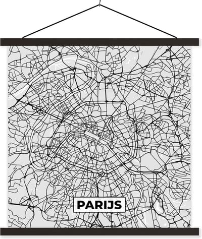 Posterhanger incl. Poster 60x60 cm - Schoolplaat - Parijs - Stadskaart - Zwart Wit - Plattegrond - Kaart - Textielposter - Zwarte latten - Stadskaart