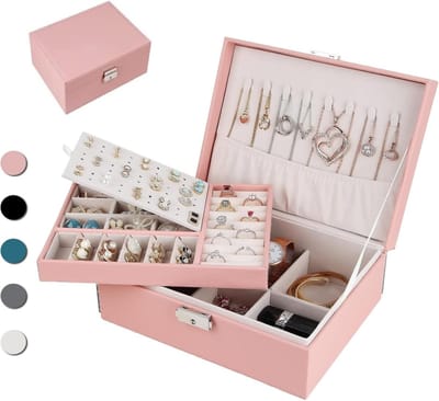 Grote 2-laagse Sieradenopbergdoos voor Vrouwen en Meisjes, Ideaal voor Kettingen, Ringen en Oorbellen, Roze Kleur