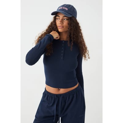 Dames DSGN Studio Top met Knoopdetail en Borduurwerk Lange Mouwen | Navy | Maat: 3XL